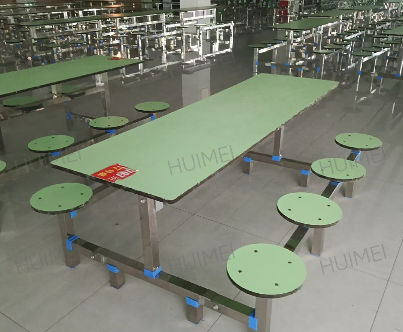Mesa de cantina integrada para estudantes Huimei com bancos redondos fixos (verde) HMZX-013