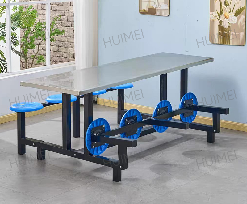 Mesa de cantina para estudantes com estrutura de aço Huimei e bancos redondos fixos (prata/azul) HMZX-014